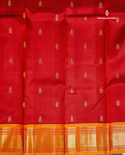 One Side Border Pure Silk Saree - Red Zari Butta With Contrast Mango Yellow Traditional Border