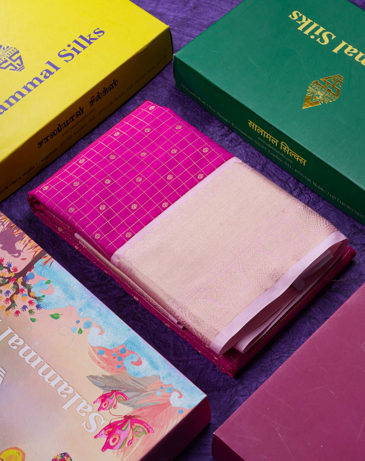 Beautiful Rani Pink Small Zari Checks With Butta Semi Silk Saree With Contrast Baby Pink Traditional Border