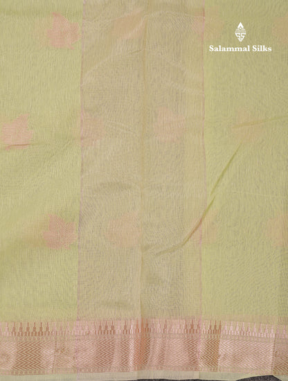 Beautiful Elaichi Green Silver And Copper Zari Buttas Linen Mix Cotton Fancy Saree With Tarditional Border