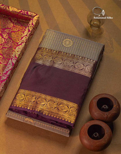 Semi Silk Saree - Light Chocolate Brown Colour Body Small Checks With Butta & Deep Wine Traditional Gap Border