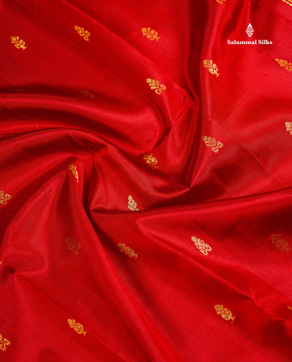 One Side Border Pure Silk Saree - Red Zari Butta With Contrast Mango Yellow Traditional Border