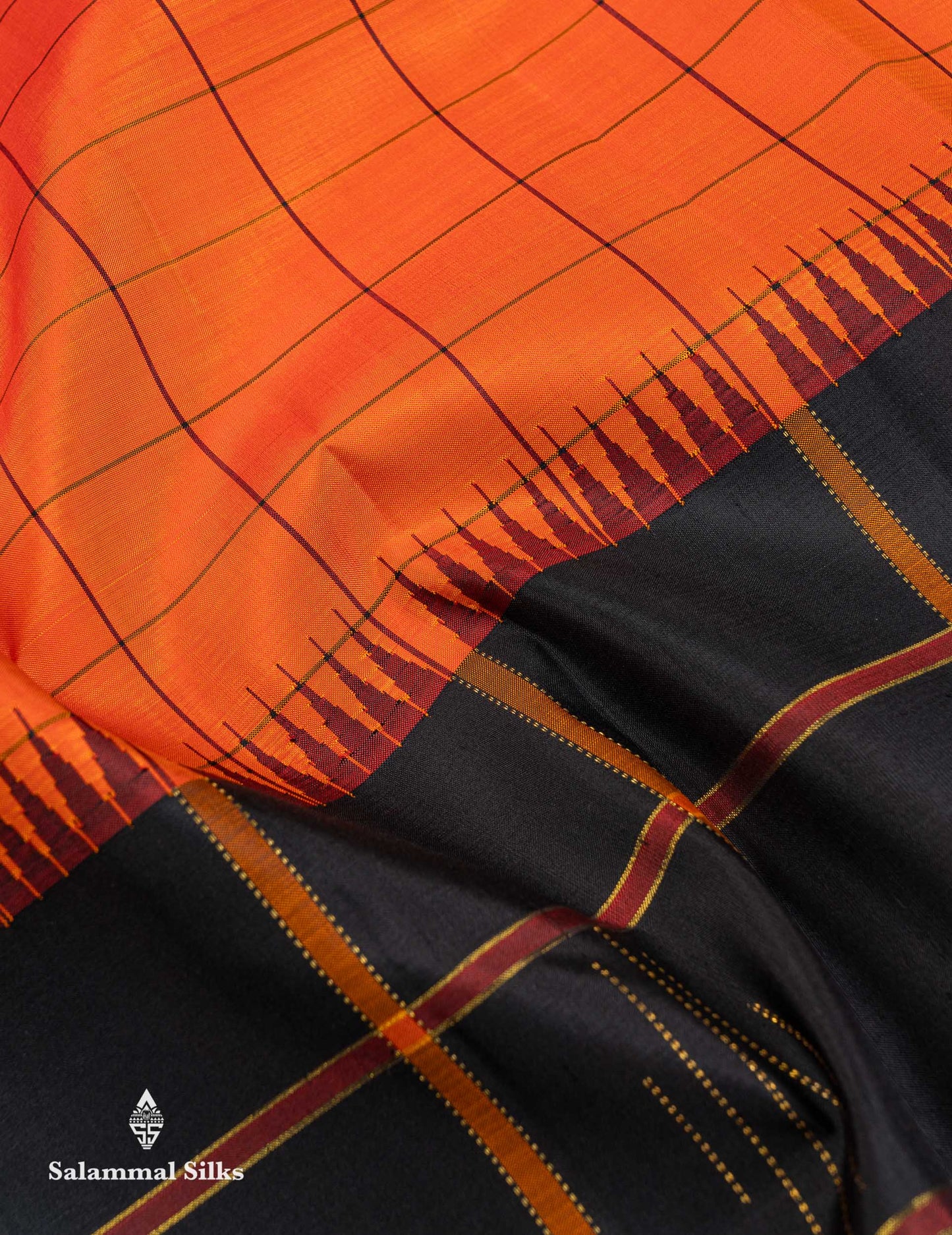 Beautiful Orange Checks Pure Kanjivaram Silk Saree With Contrast Black Big Checks & Traditional Temple Border