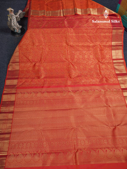 Pinkish Orange Beautiful Bridal 2G Zari Pure Kanjivaram Silk Saree With Self Border