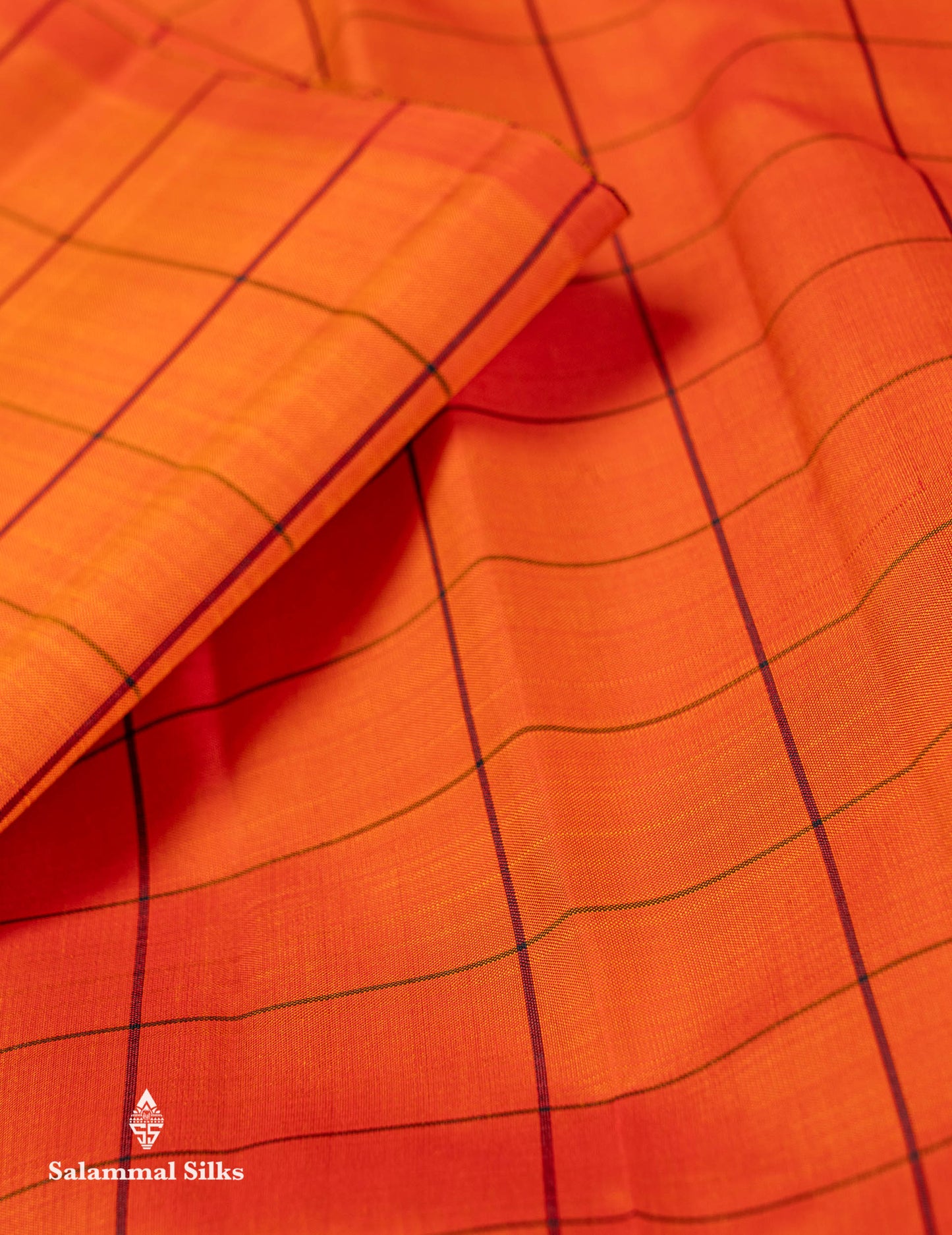 Beautiful Orange Checks Pure Kanjivaram Silk Saree With Contrast Black Big Checks & Traditional Temple Border