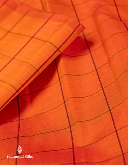 Beautiful Orange Checks Pure Kanjivaram Silk Saree With Contrast Black Big Checks & Traditional Temple Border