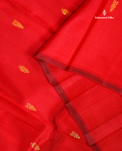 One Side Border Pure Silk Saree - Red Zari Butta With Contrast Mango Yellow Traditional Border