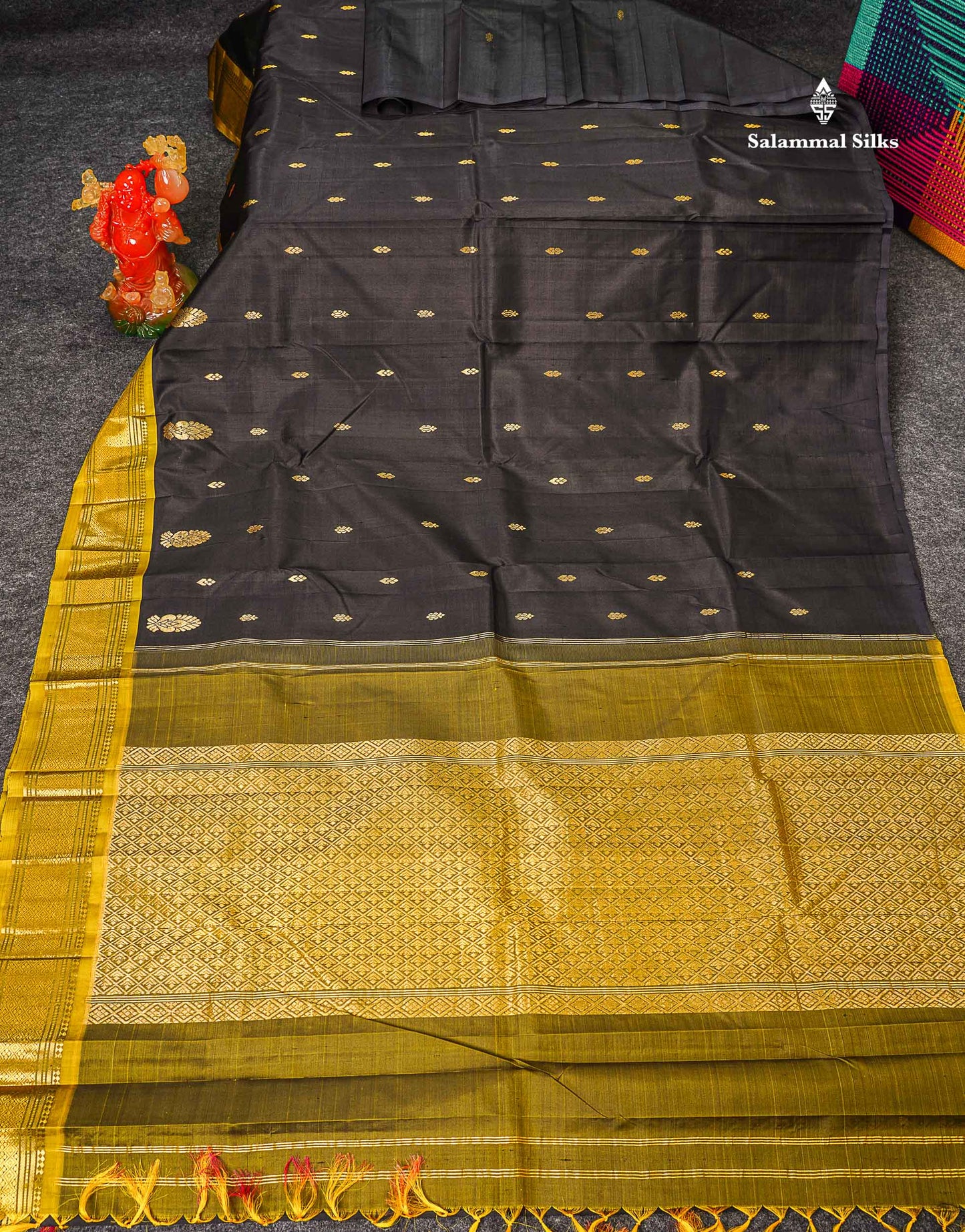 One Side Border Pure Silk Saree - Black Zari Butta With Contrast Manthulir Yellow Traditional Border
