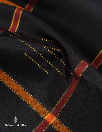 Beautiful Orange Checks Pure Kanjivaram Silk Saree With Contrast Black Big Checks & Traditional Temple Border