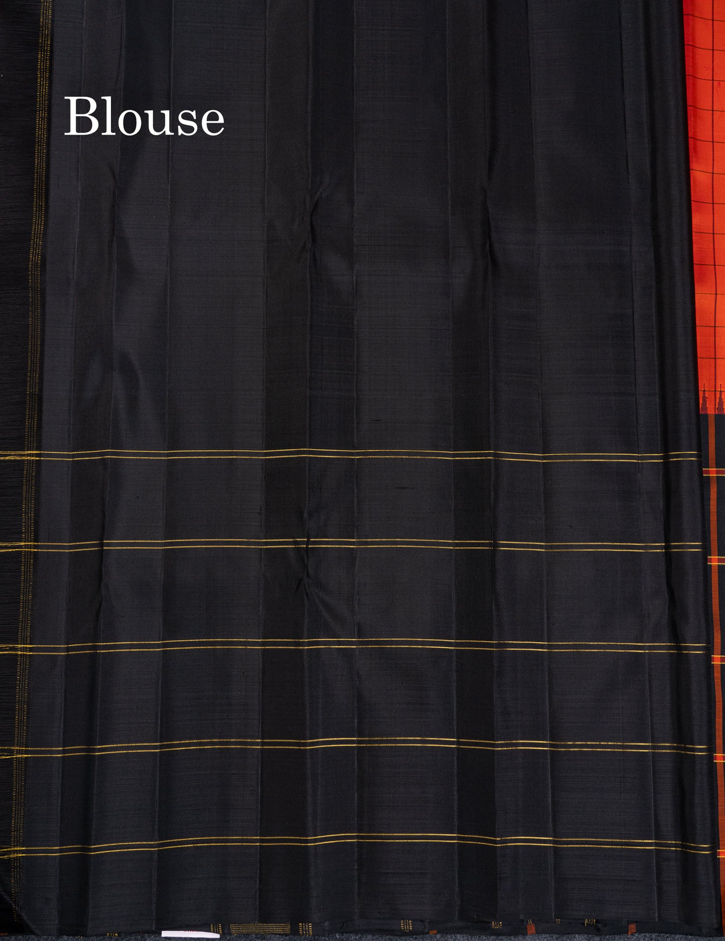 Beautiful Orange Checks Pure Kanjivaram Silk Saree With Contrast Black Big Checks & Traditional Temple Border