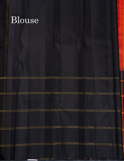 Beautiful Orange Checks Pure Kanjivaram Silk Saree With Contrast Black Big Checks & Traditional Temple Border