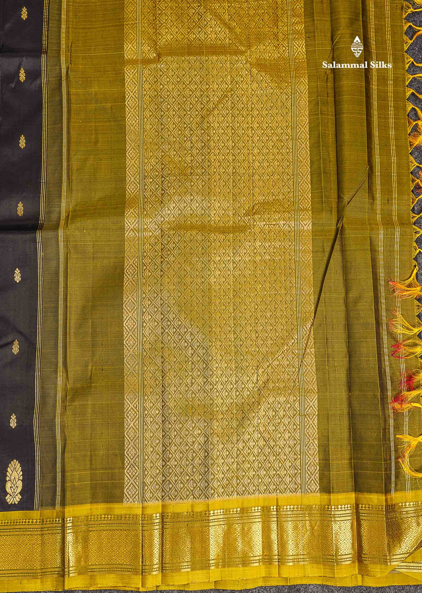 One Side Border Pure Silk Saree - Black Zari Butta With Contrast Manthulir Yellow Traditional Border