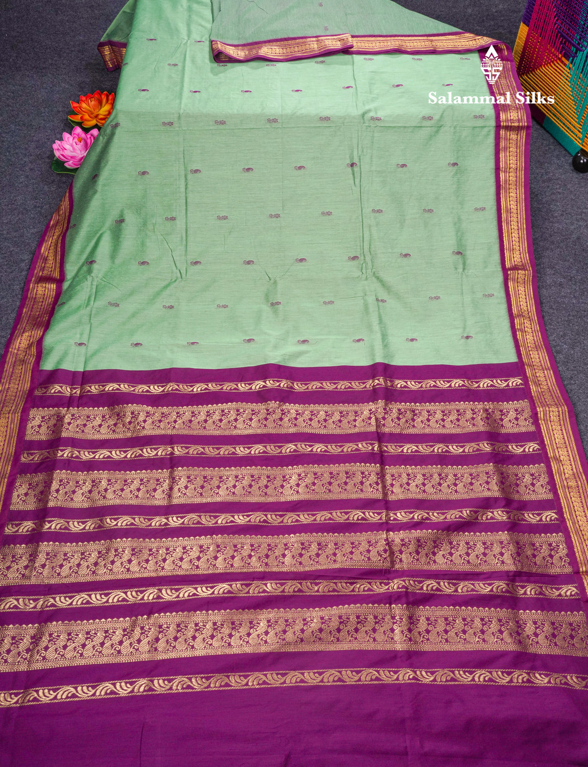 Green Kalyani Cotton Saree With Contrast Purple Border