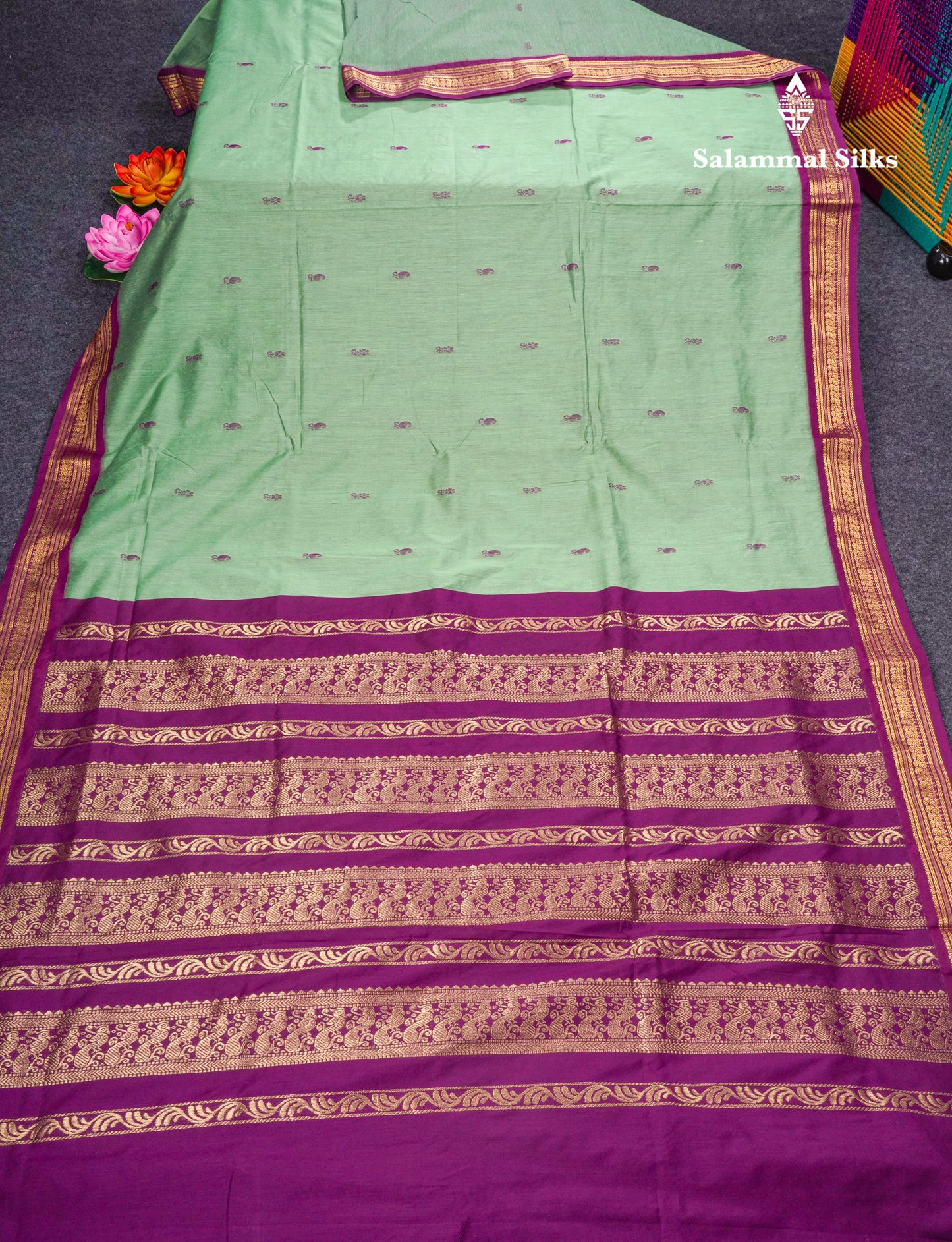 Green Kalyani Cotton Saree With Contrast Purple Border