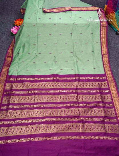 Green Kalyani Cotton Saree With Contrast Purple Border