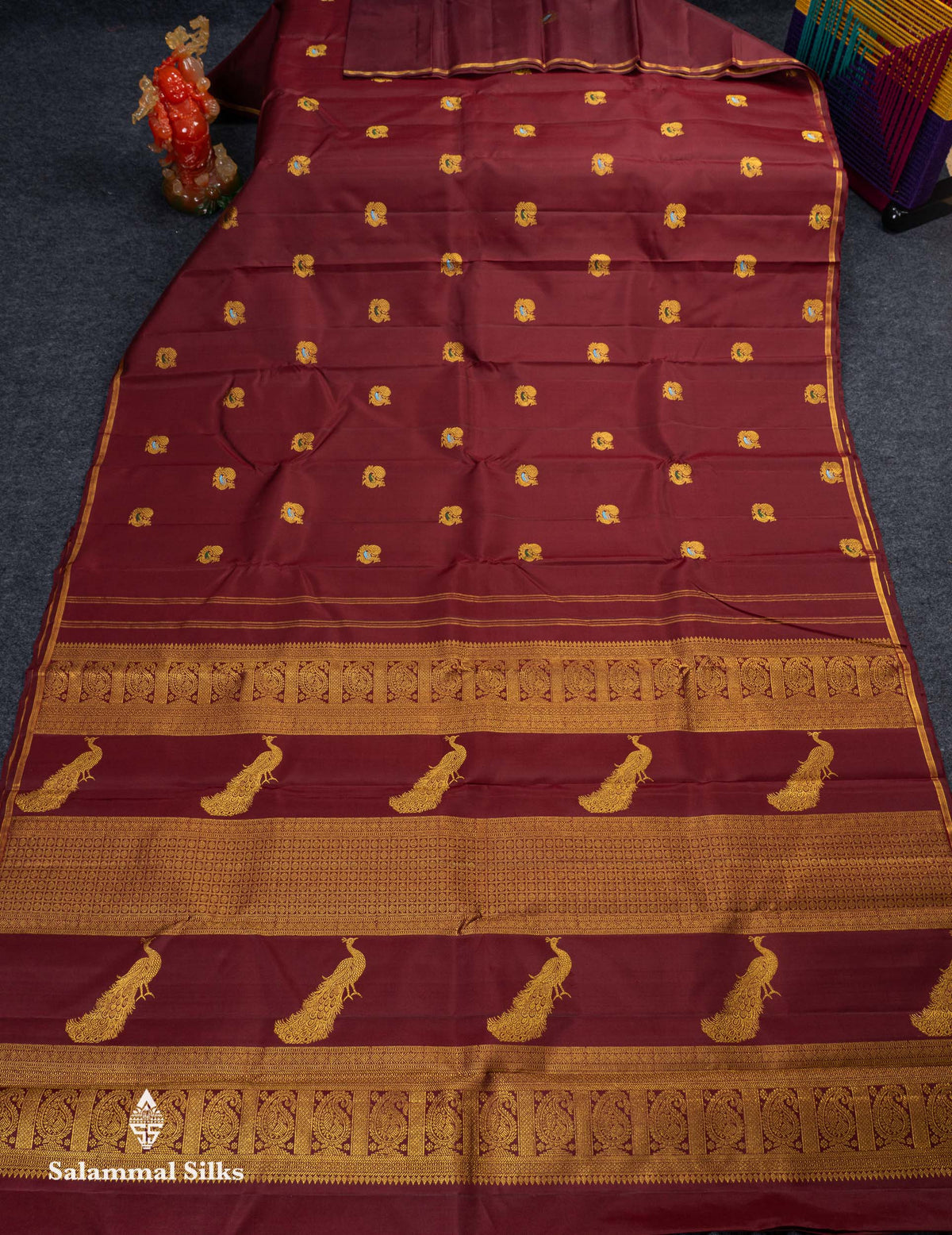 Beautiful Dark Maroon Peacock Menakari Work Butta Pure Kanjivaram Silk Saree With Small Zari Border