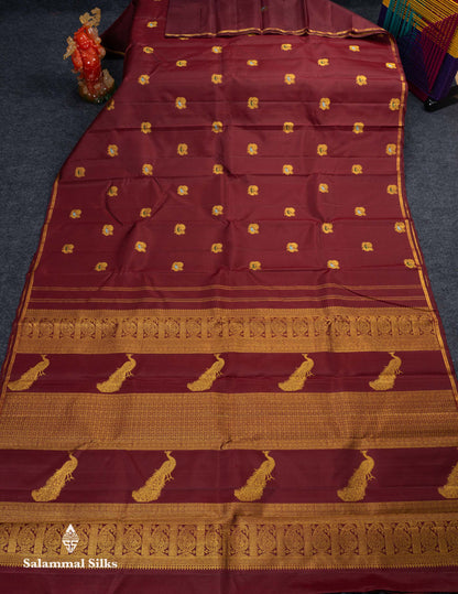 Beautiful Dark Maroon Peacock Menakari Work Butta Pure Kanjivaram Silk Saree With Small Zari Border