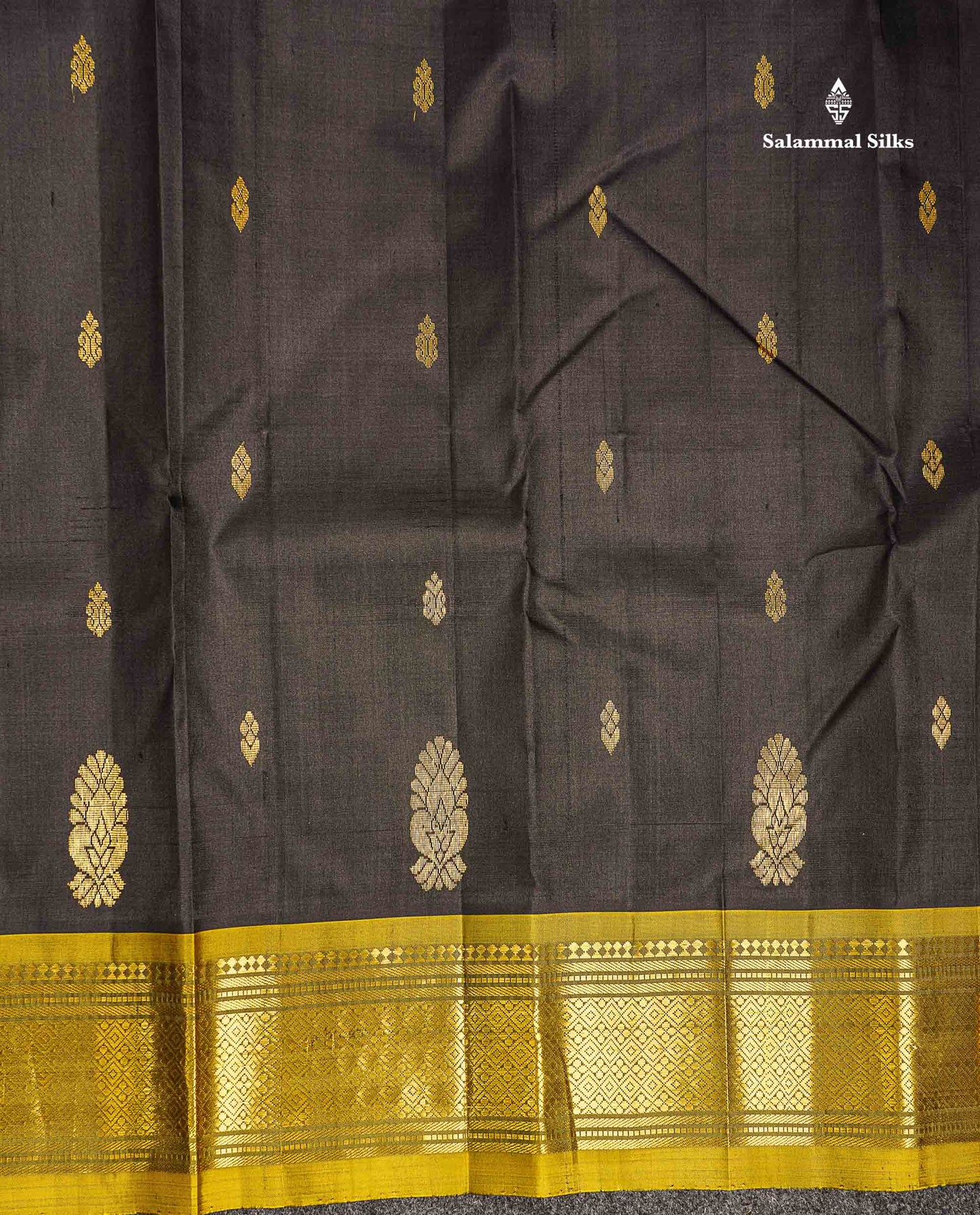 One Side Border Pure Silk Saree - Black Zari Butta With Contrast Manthulir Yellow Traditional Border