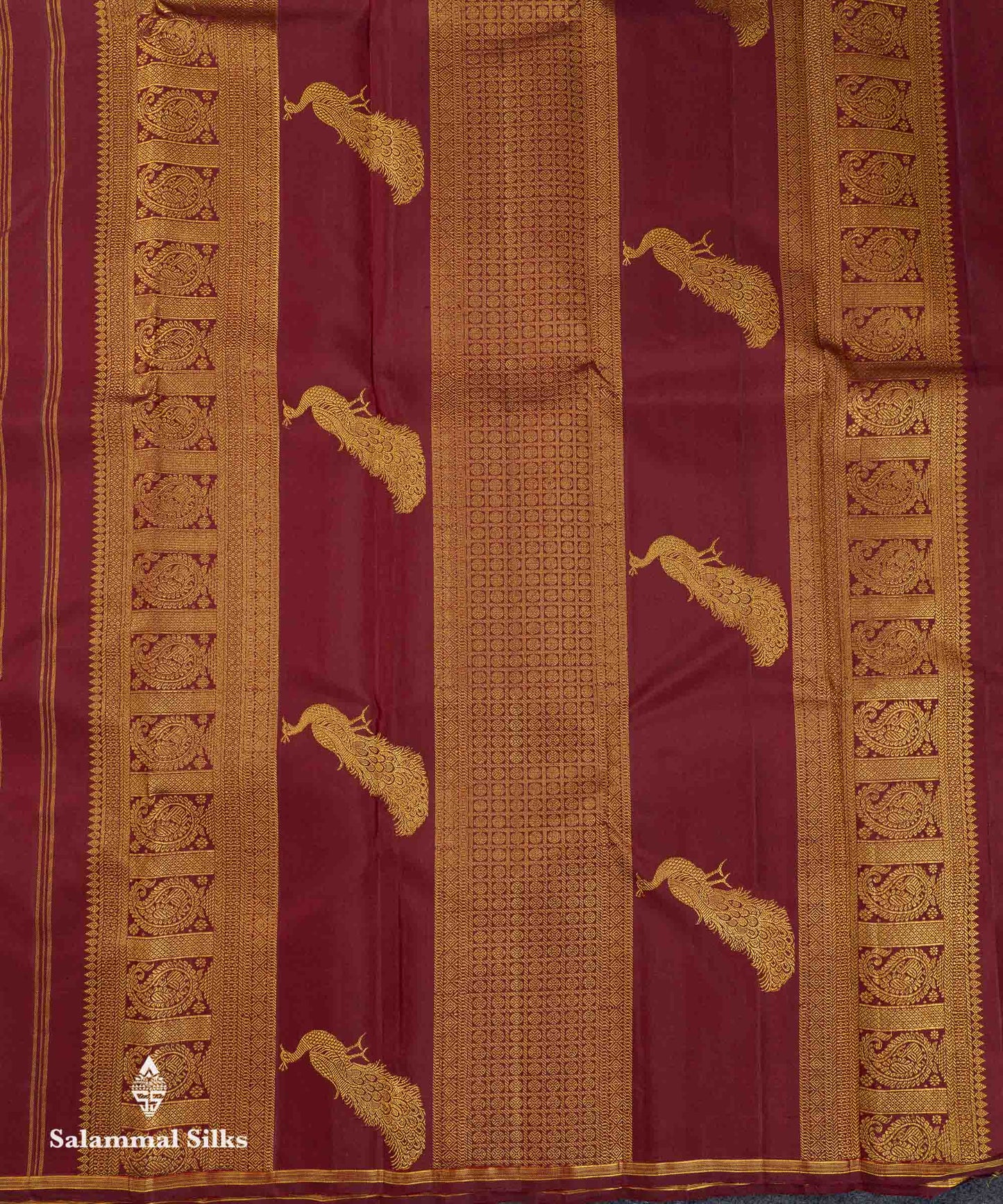 Beautiful Dark Maroon Peacock Menakari Work Butta Pure Kanjivaram Silk Saree With Small Zari Border