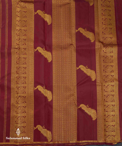 Beautiful Dark Maroon Peacock Menakari Work Butta Pure Kanjivaram Silk Saree With Small Zari Border