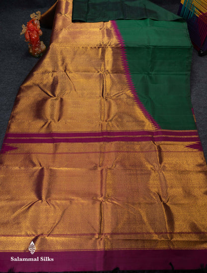 Beautiful Bottle Green 8Kol Pure Kanjivaram Silk Saree With Contrast Magenta Traditional Raising Temple Border