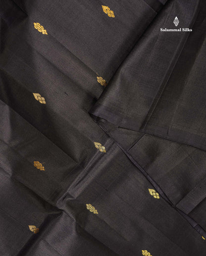 One Side Border Pure Silk Saree - Black Zari Butta With Contrast Manthulir Yellow Traditional Border