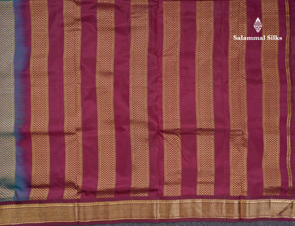 Korvai Beautiful Dual Tone Peacock Green 10 Yards Pure Silk Saree With (4.1 inch) Contrast Dark Magenta Traditional Border