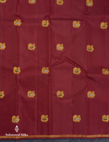 Beautiful Dark Maroon Peacock Menakari Work Butta Pure Kanjivaram Silk Saree With Small Zari Border