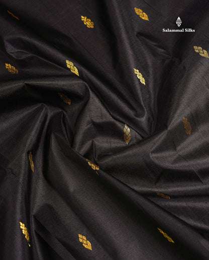 One Side Border Pure Silk Saree - Black Zari Butta With Contrast Manthulir Yellow Traditional Border