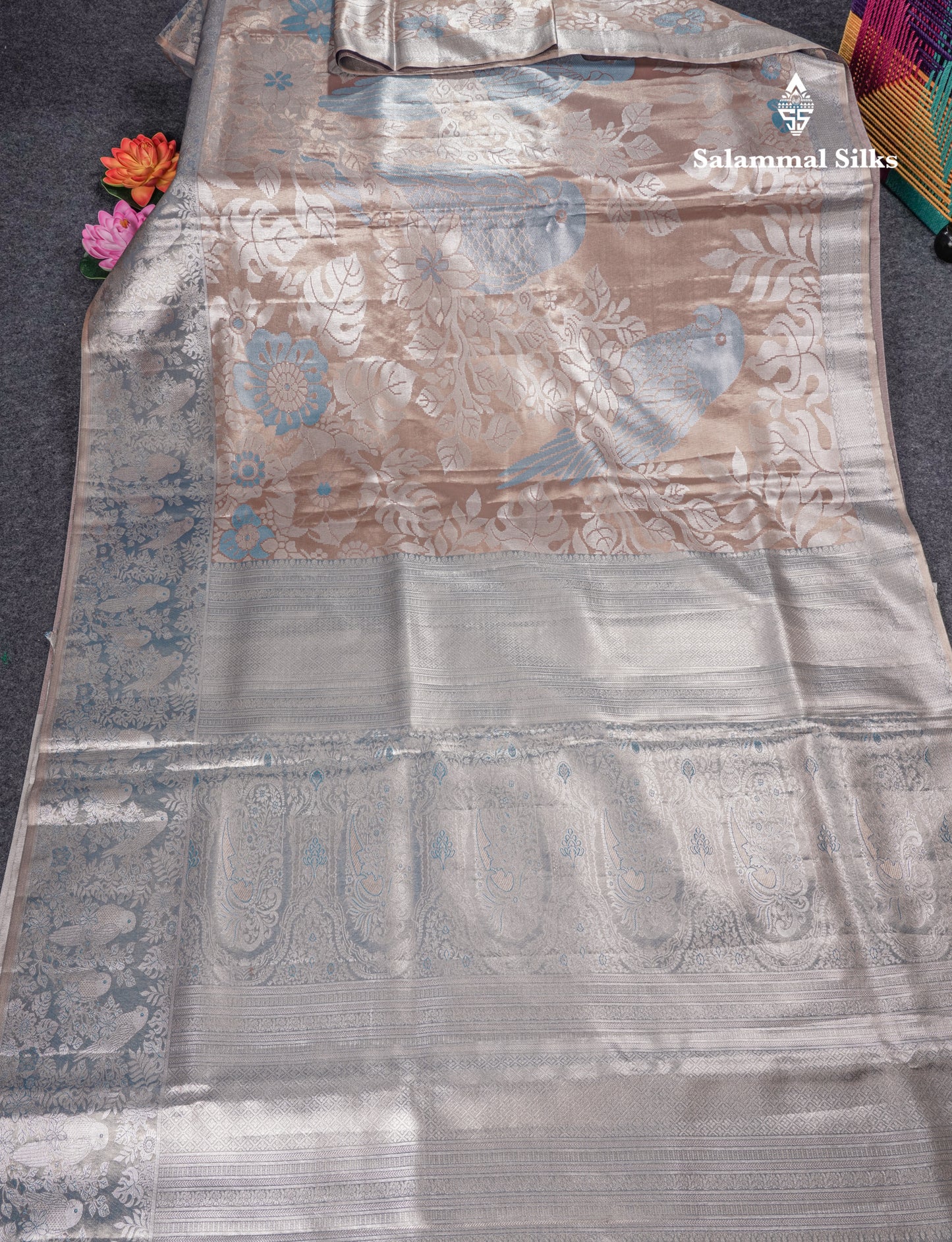 Light Chocolate Bridal Semi Silk Saree With Contrast Light Green Evening Morning Border