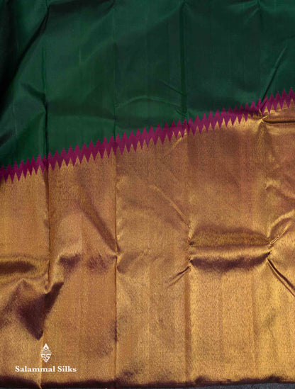 Beautiful Bottle Green 8Kol Pure Kanjivaram Silk Saree With Contrast Magenta Traditional Raising Temple Border