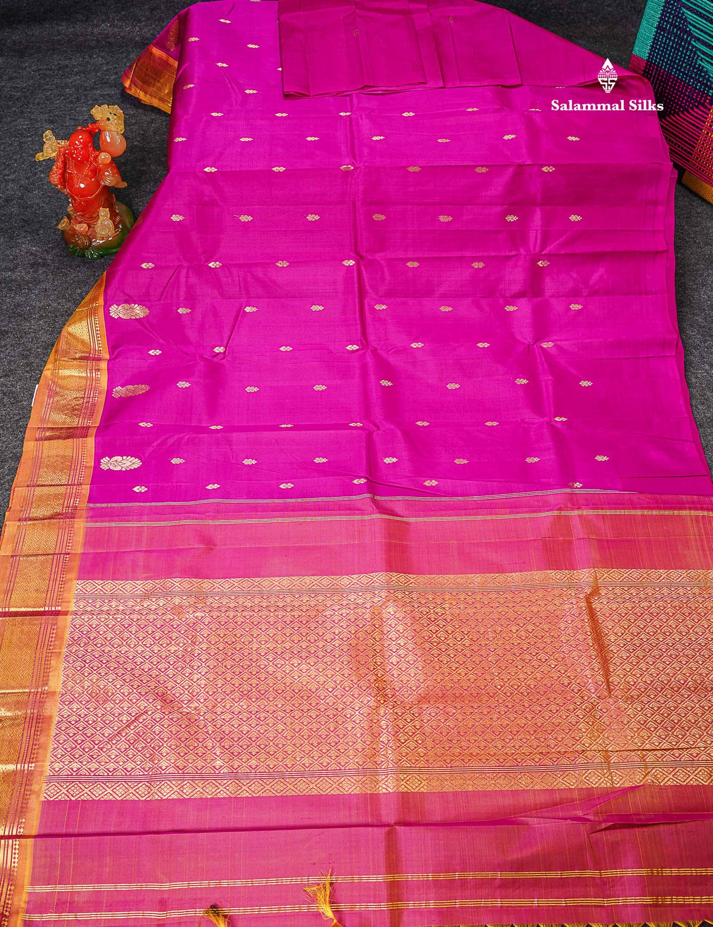 One Side Border Pure Silk Saree - Magenta Pink Zari Butta With Contrast Mustard Yellow Traditional Border