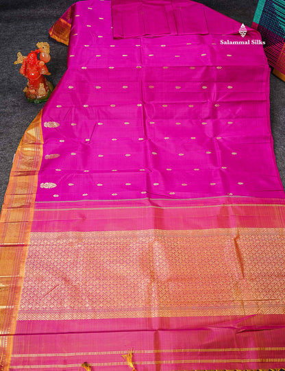 One Side Border Pure Silk Saree - Magenta Pink Zari Butta With Contrast Mustard Yellow Traditional Border