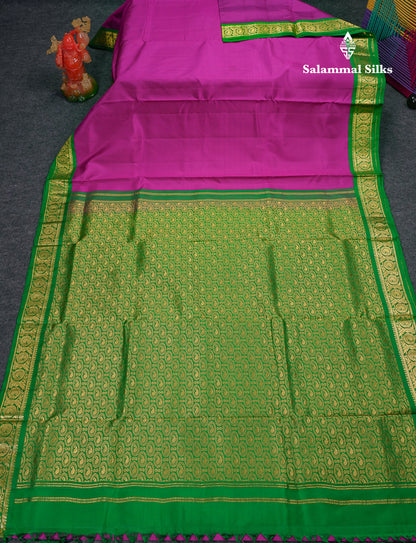 Beautiful Dark Purple 9 Yards Pure Silk Saree With (3.7inch) Contrast Green Border