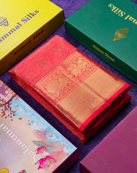 Beautiful Red Menakari Work Bridal 2G Pure Kanjivaram Silk Saree With Traditional Evening Morning Border