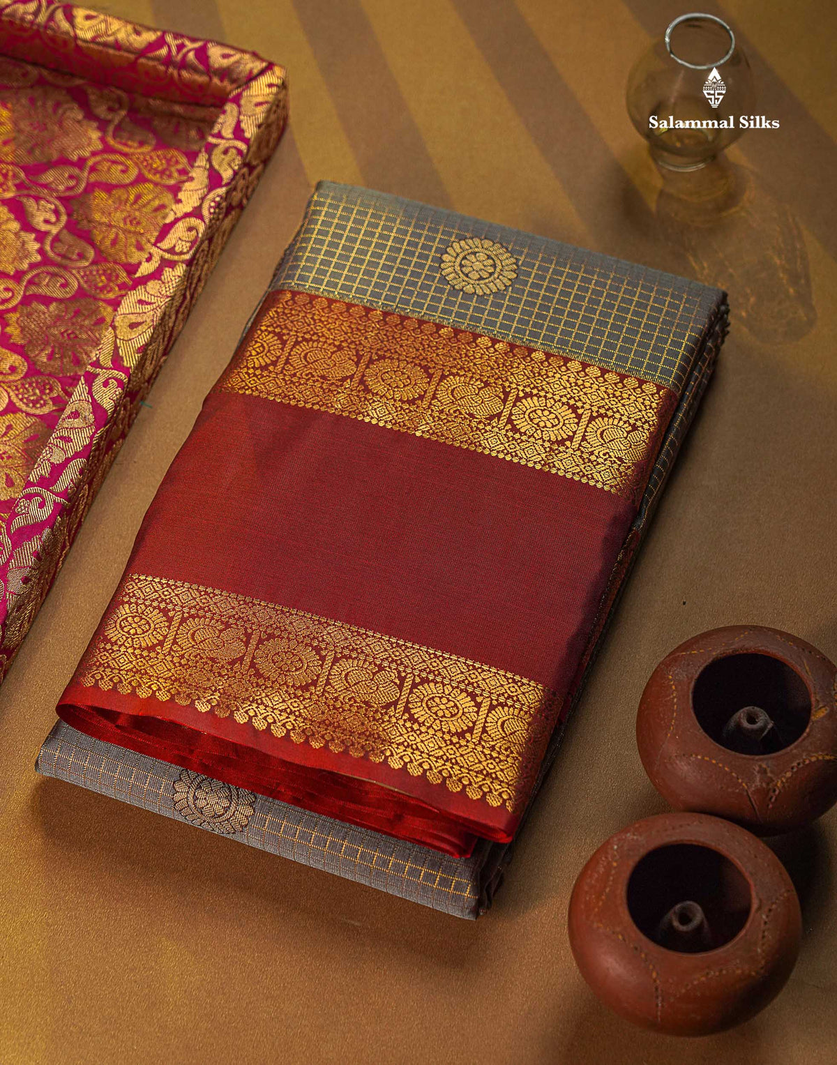 Semi Silk Saree - Light Chocolate Brown Colour Body Small Checks With Butta & Deep Wine Traditional Gap Border