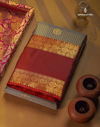 Semi Silk Saree - Light Chocolate Brown Colour Body Small Checks With Butta & Deep Wine Traditional Gap Border
