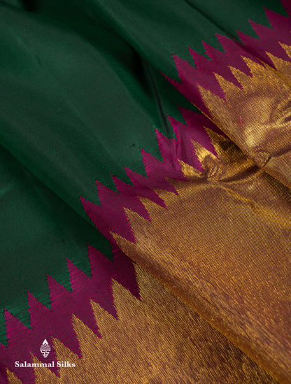 Beautiful Bottle Green 8Kol Pure Kanjivaram Silk Saree With Contrast Magenta Traditional Raising Temple Border