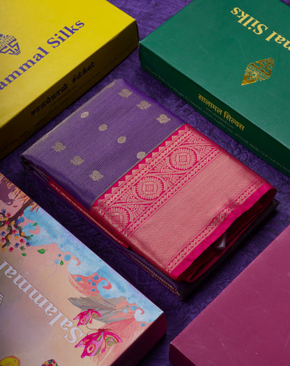 Beautiful Violet Vaira Oosi Lines With Butta Semi Silk Saree With Contrast Pink Border