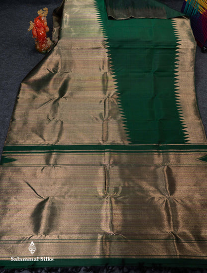 Beautiful Bottle Green 8Kol Pure Kanjivaram Silk Saree With Traditional Raising Temple Border