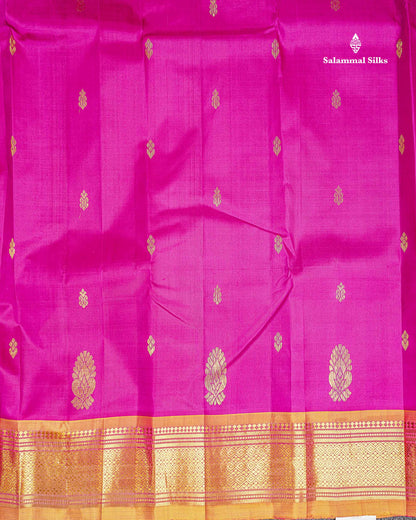 One Side Border Pure Silk Saree - Magenta Pink Zari Butta With Contrast Mustard Yellow Traditional Border