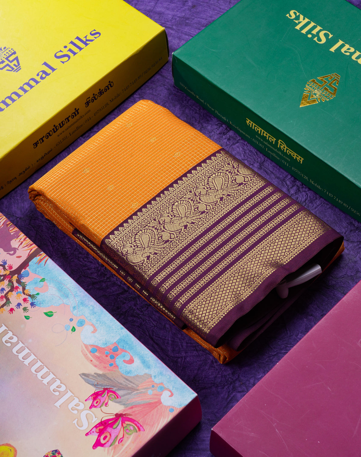 Beautiful Mustard Yellow Small Zari Checks With Butta Semi Silk Saree With Contrast Dark Purple Traditional Border