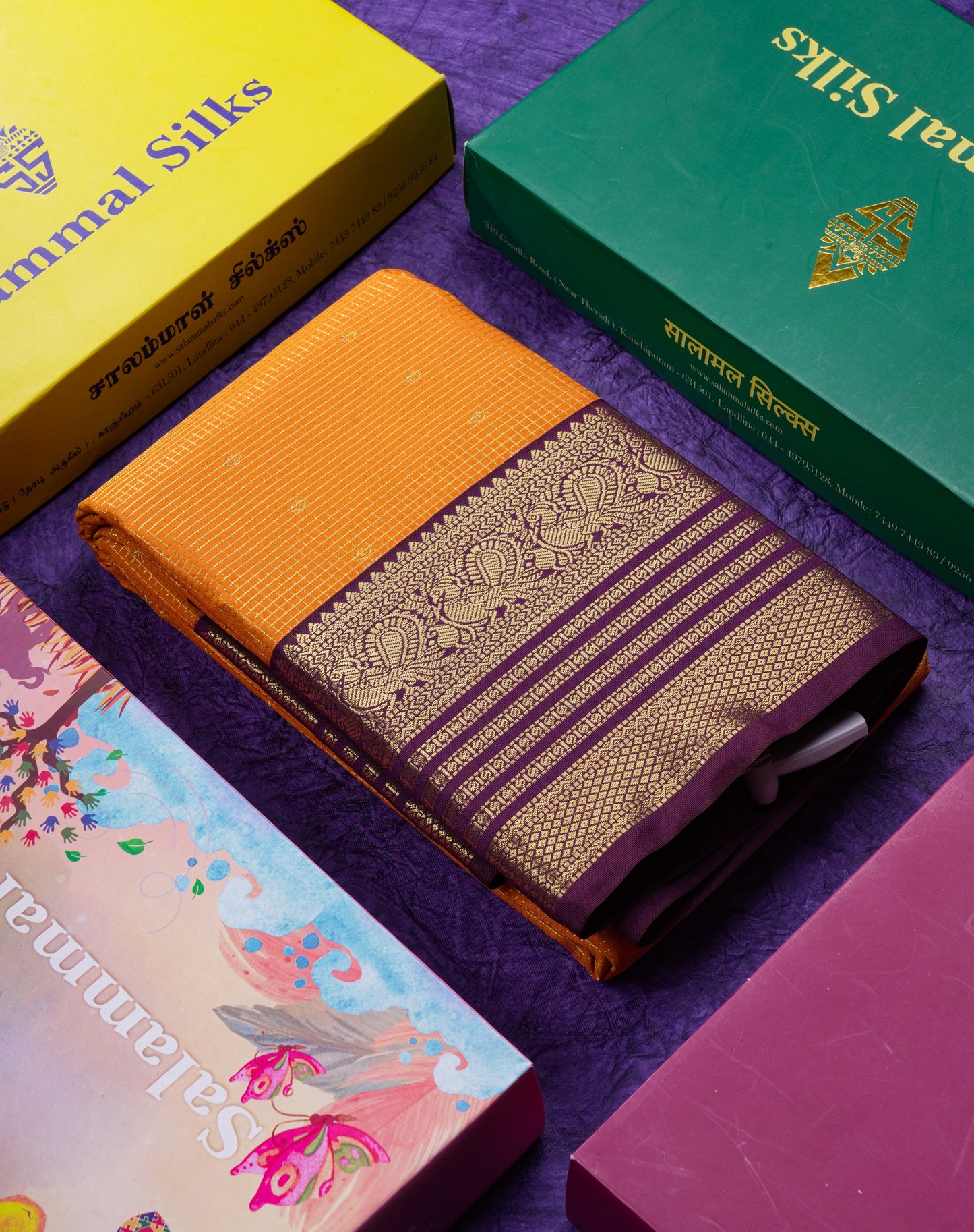Beautiful Mustard Yellow Small Zari Checks With Butta Semi Silk Saree With Contrast Dark Purple Traditional Border