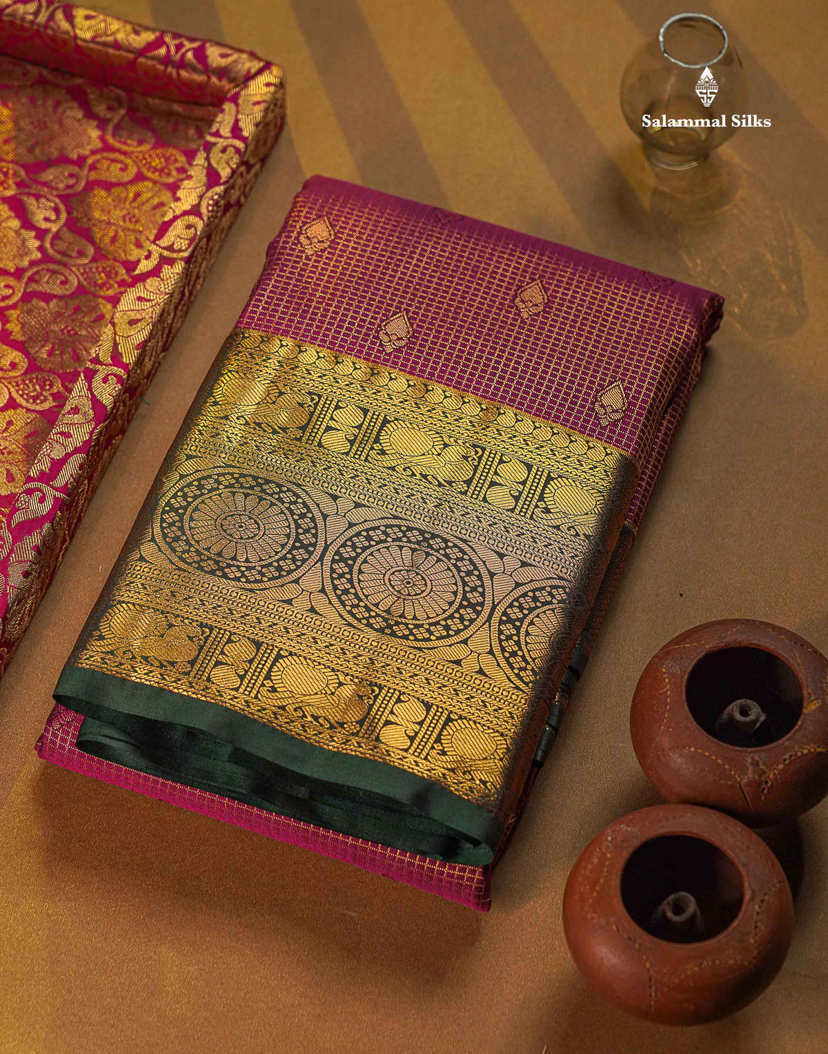 Semi Silk Saree - Green Colour Body Small Checks With Butta & Contrast Maroon Border
