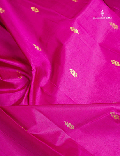 One Side Border Pure Silk Saree - Magenta Pink Zari Butta With Contrast Mustard Yellow Traditional Border