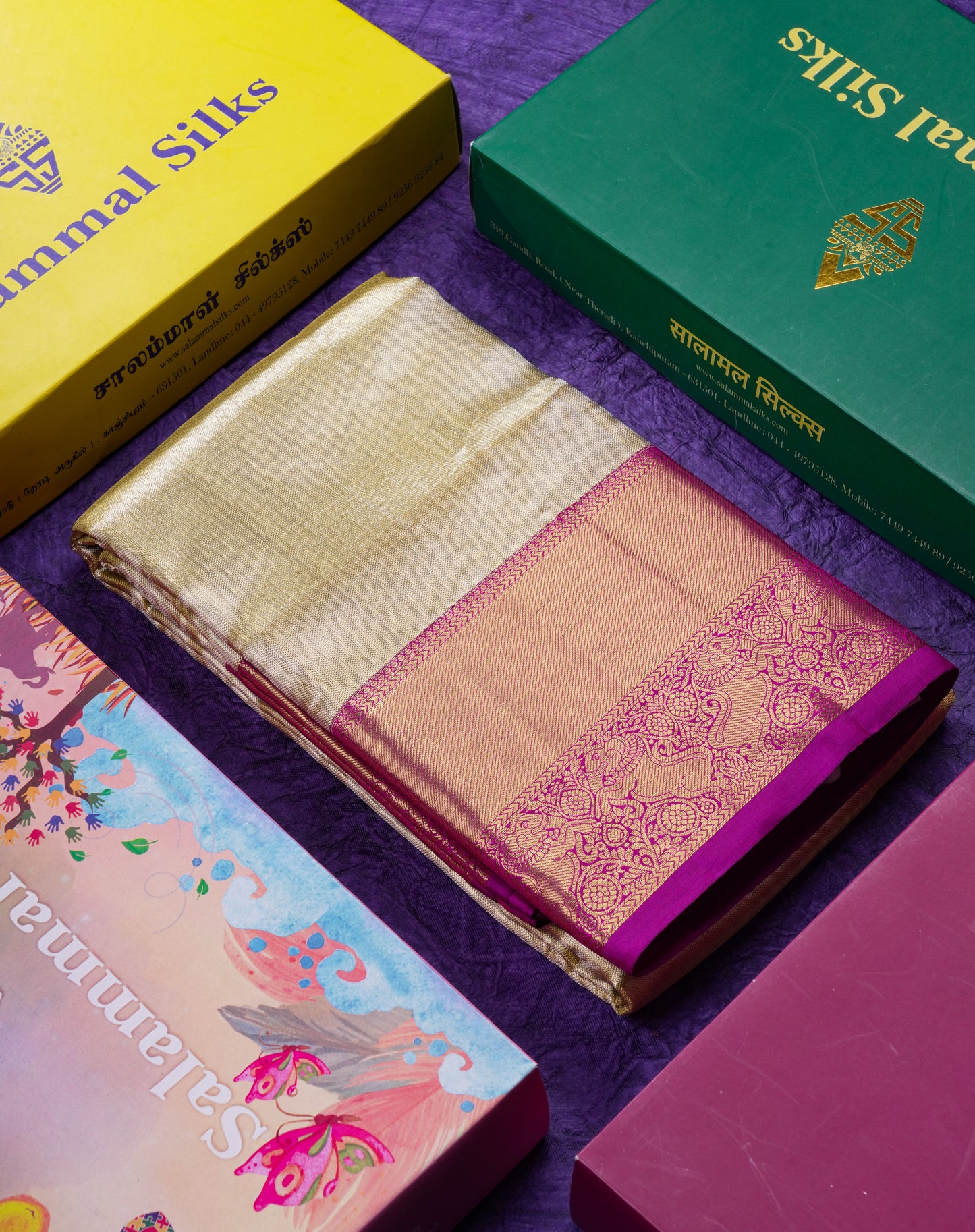 Beautiful Gold Tissue Bridal Pure Kanjivaram Silk Saree With Contrast Dark Purple Traditional Border