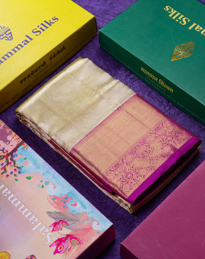 Beautiful Gold Tissue Bridal Pure Kanjivaram Silk Saree With Contrast Dark Purple Traditional Border