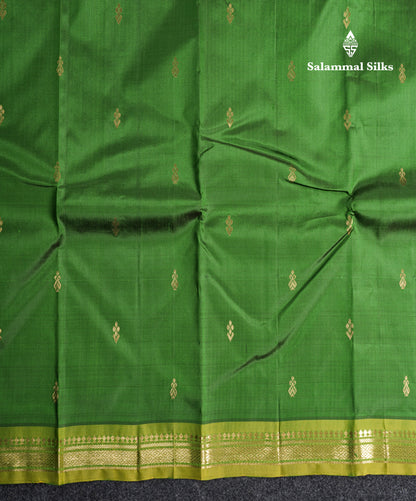 Bottle Green Pure Kanjivaram Silk Saree With Contrast Manthulir Yellow One Side Border