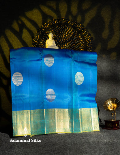Beautiful Pure Silk Pattu Pavadai (Dual Tone Blue) With Contrast Dual Tone Sapphire Green Blouse 36"