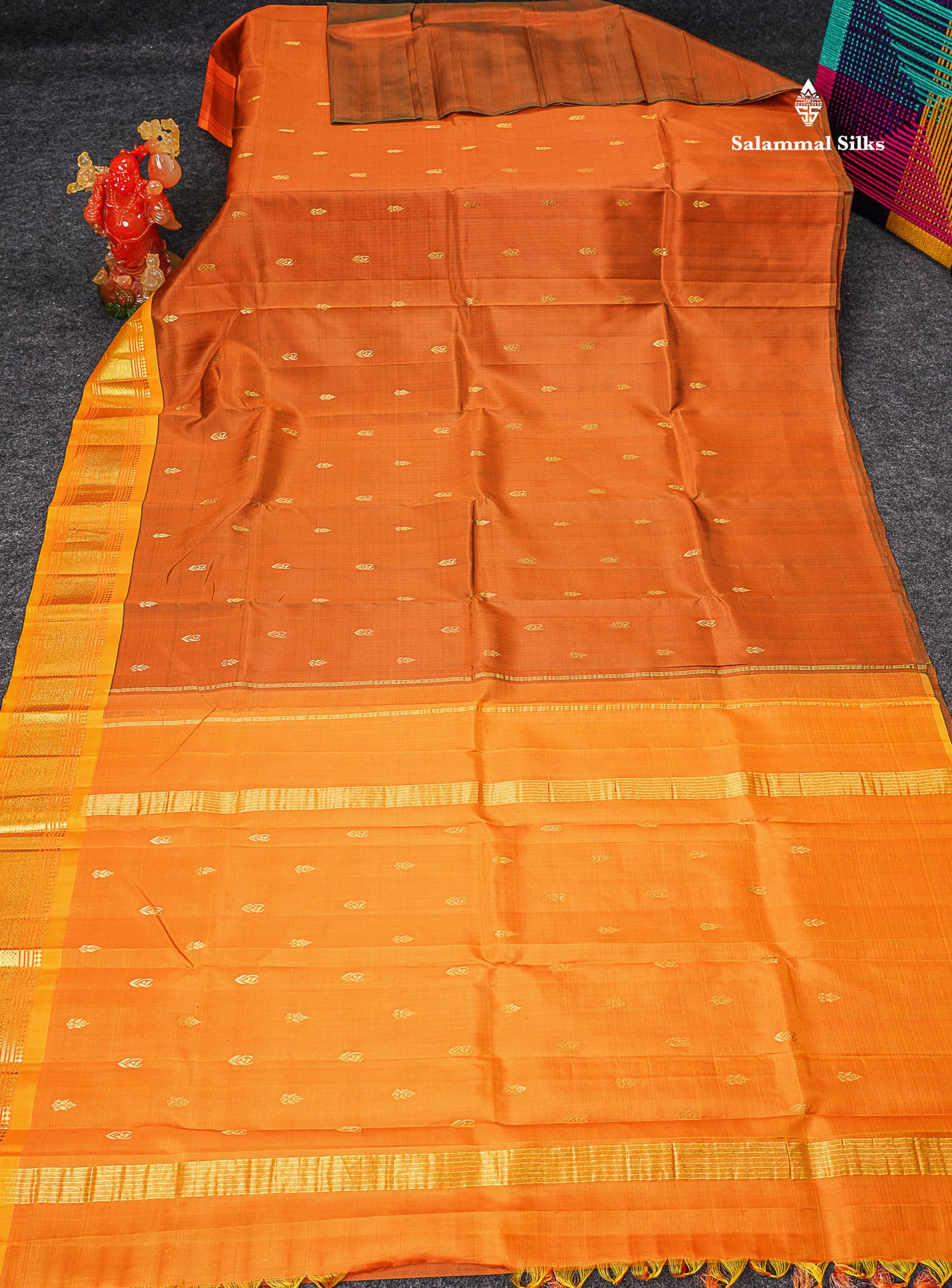 One Side Border Pure Silk Saree - Brown Zari Butta With Contrast Yellow Traditional Border