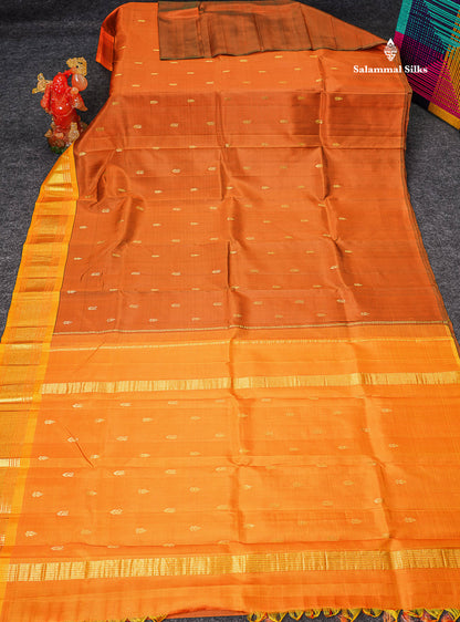 One Side Border Pure Silk Saree - Brown Zari Butta With Contrast Yellow Traditional Border